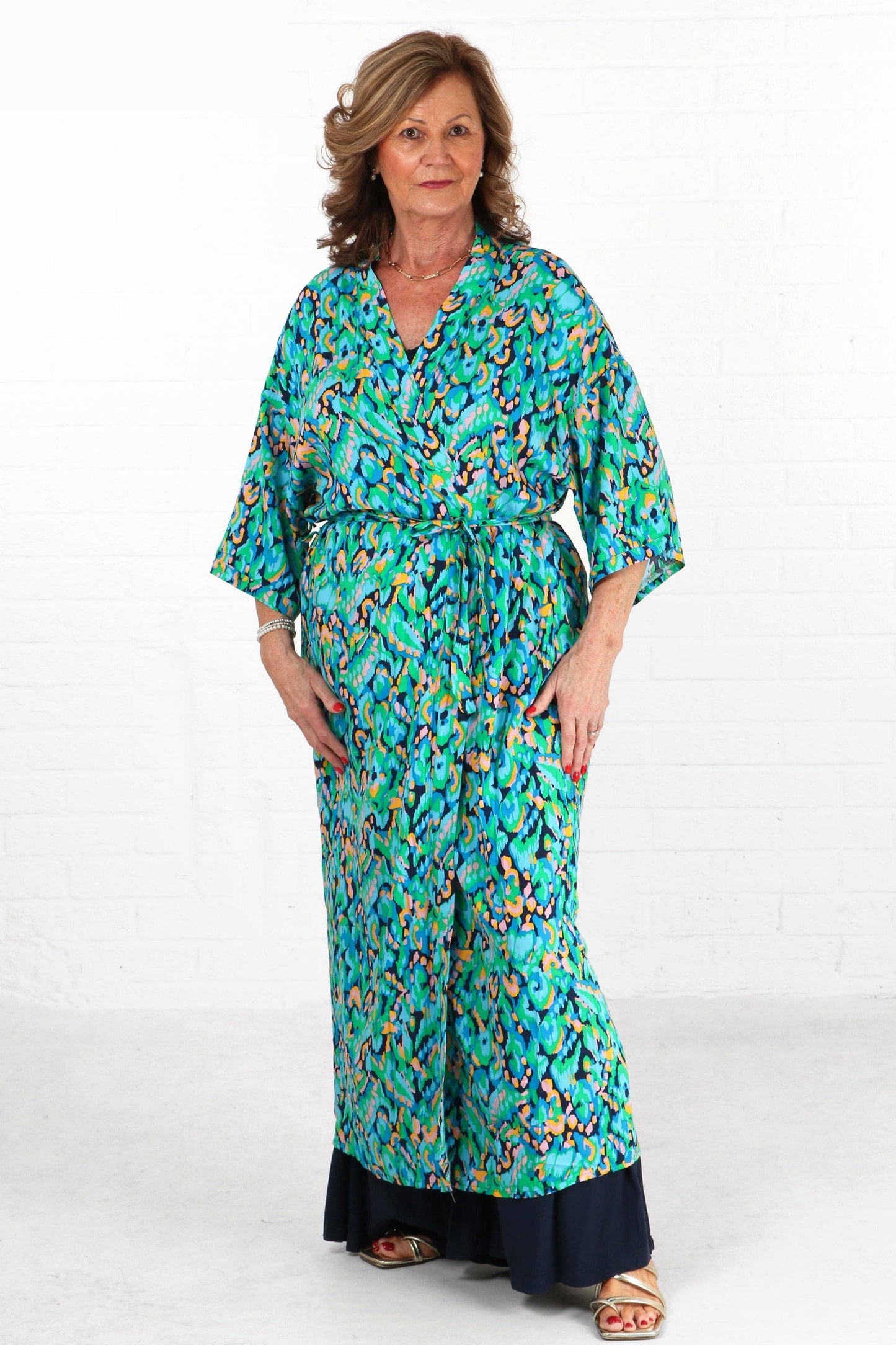 Abstract Print Long Kimono Robe with Waist Tie in Green - Pursenalities_uk