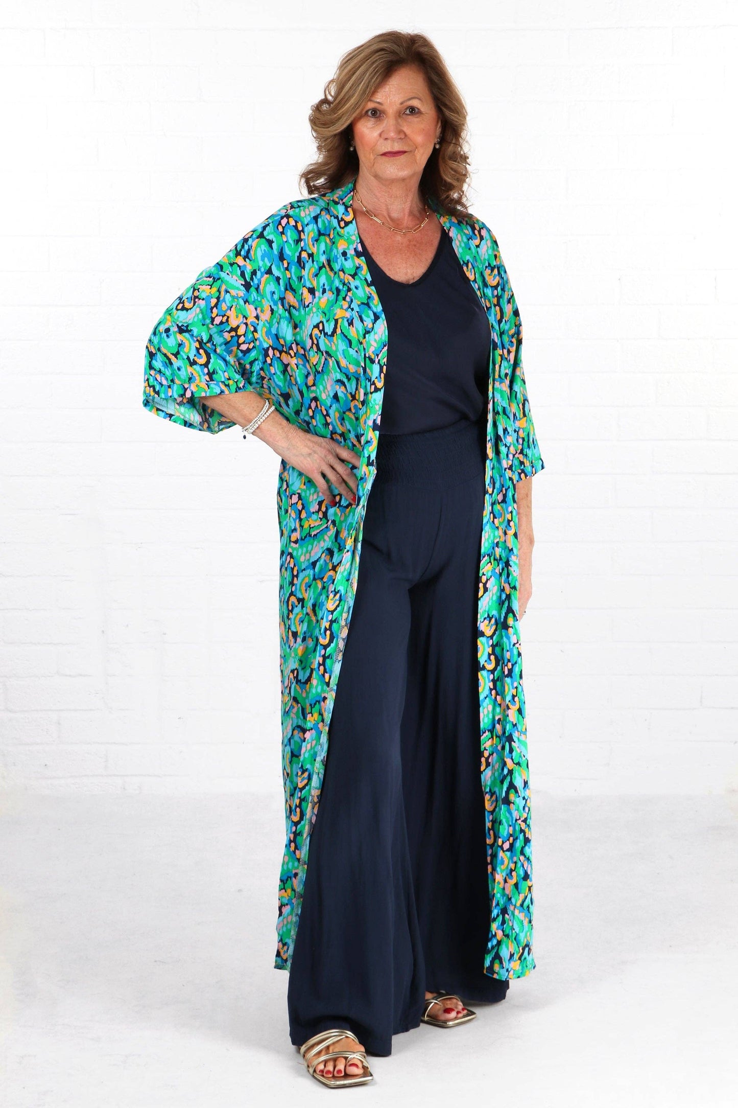 Abstract Print Long Kimono Robe with Waist Tie in Green - Pursenalities_uk