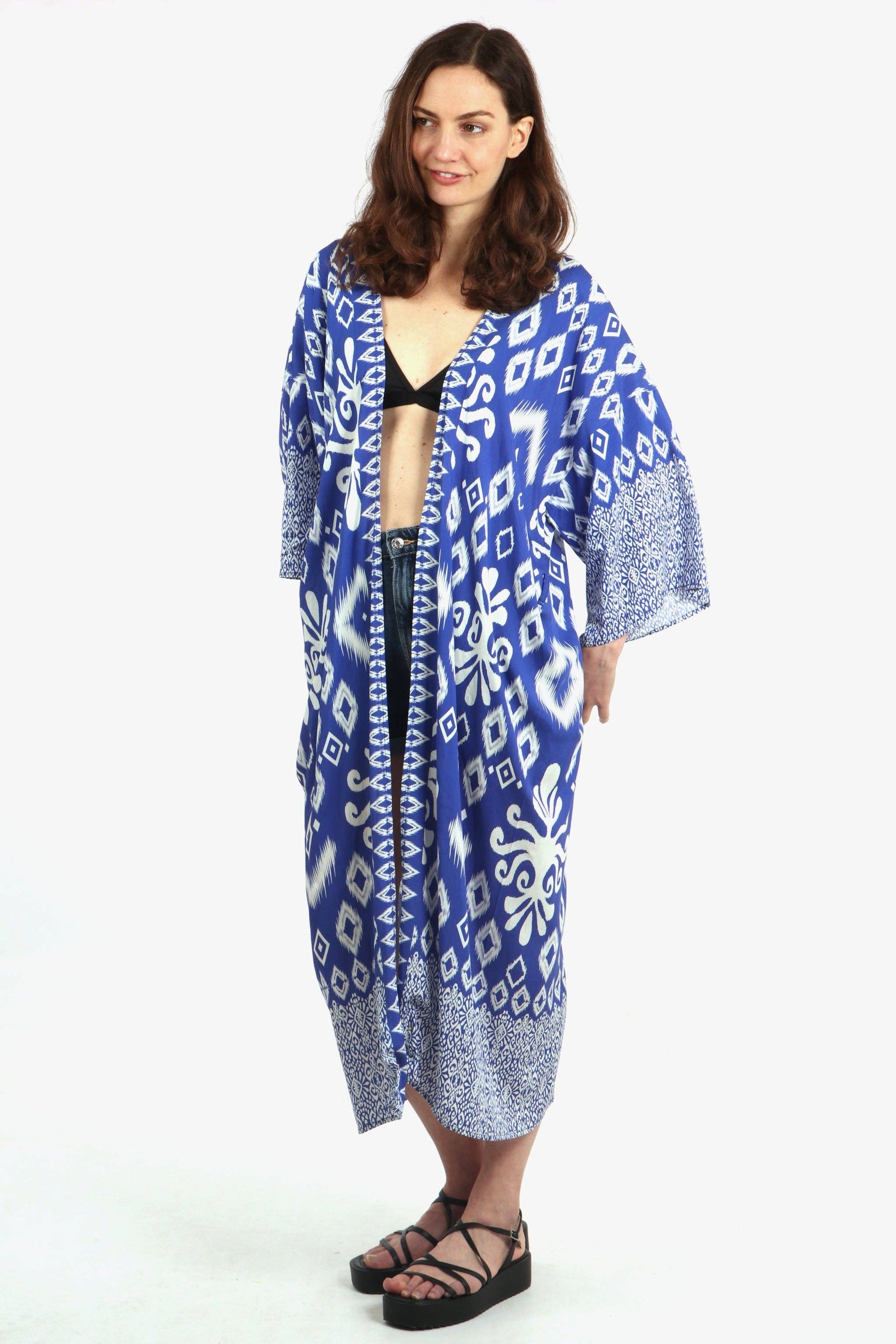 Ikat Print Long Kimono Robe with Waist Belt in Blue - Pursenalities_uk