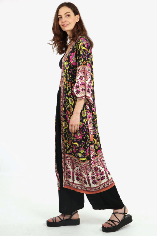 Vintage Floral & Butterfly Print Long Kimono Robe in Black - Pursenalities_uk