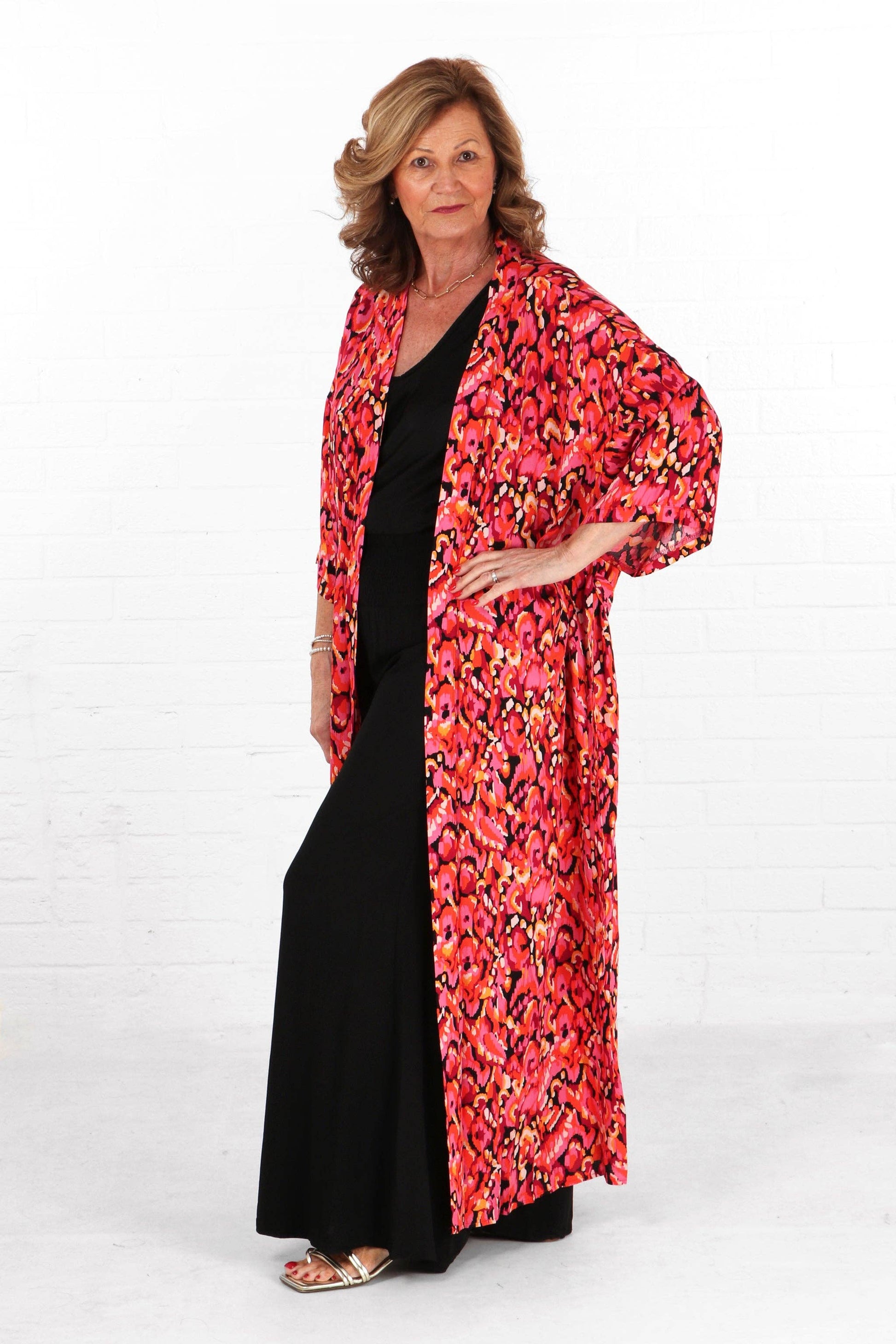 Abstract Print Long Kimono Robe with Waist Tie in Fuchsia - Pursenalities_uk