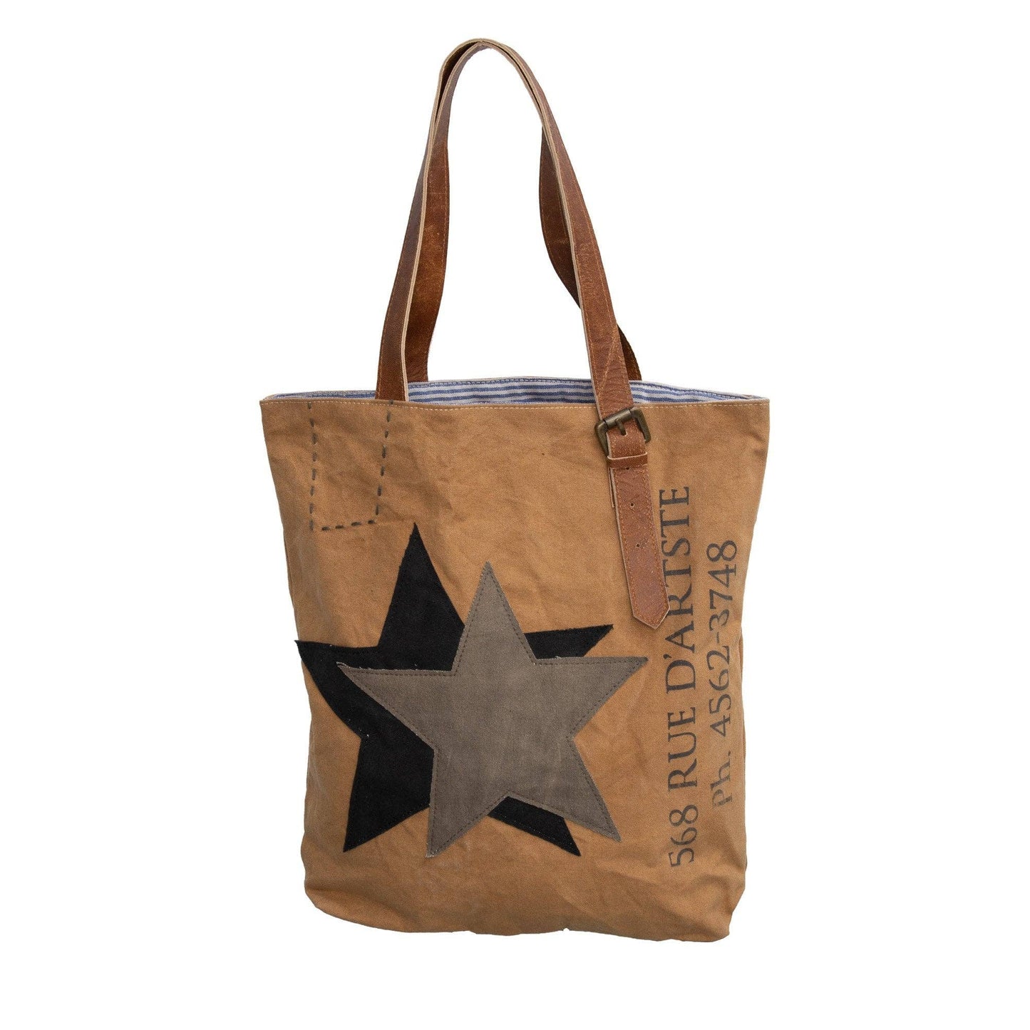 Tan 'Stars' Upcycled Canvas Tote (010) - Pursenalities_uk