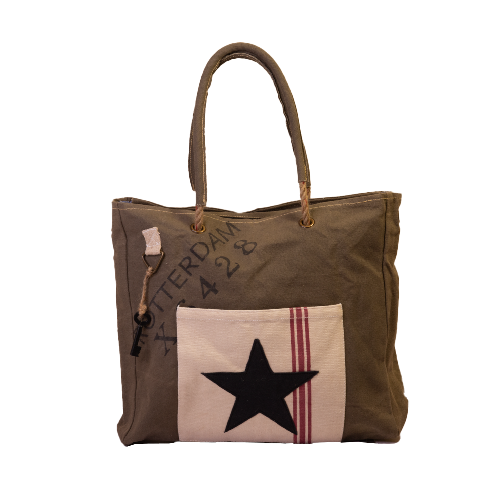 Khaki Black Star Canvas Shopper (590) - Pursenalities_uk