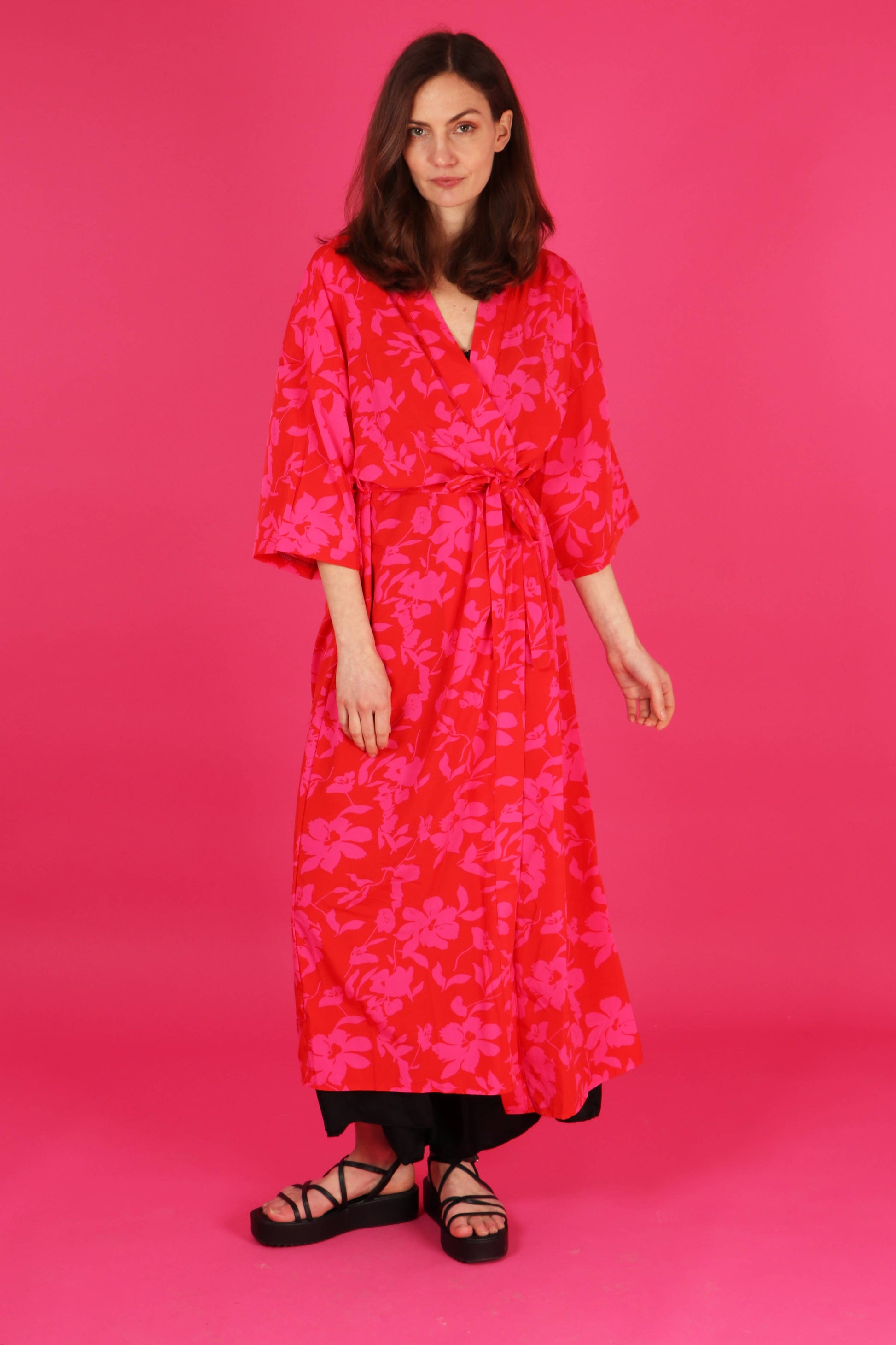 Tropical Floral Print Long Kimono Robe with Tie Waist in Red - Pursenalities_uk