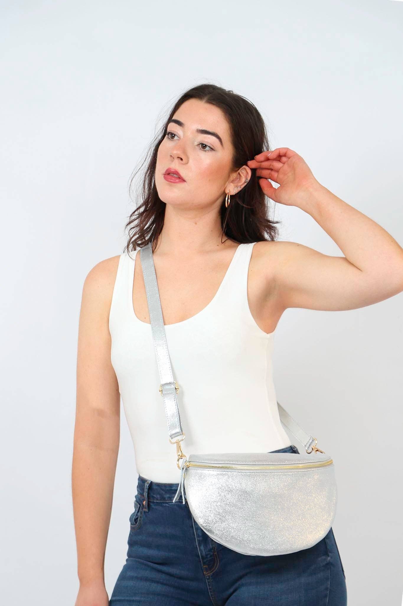 Silver Large Italian Leather Half Moon Crossbody Bag - Pursenalities_uk