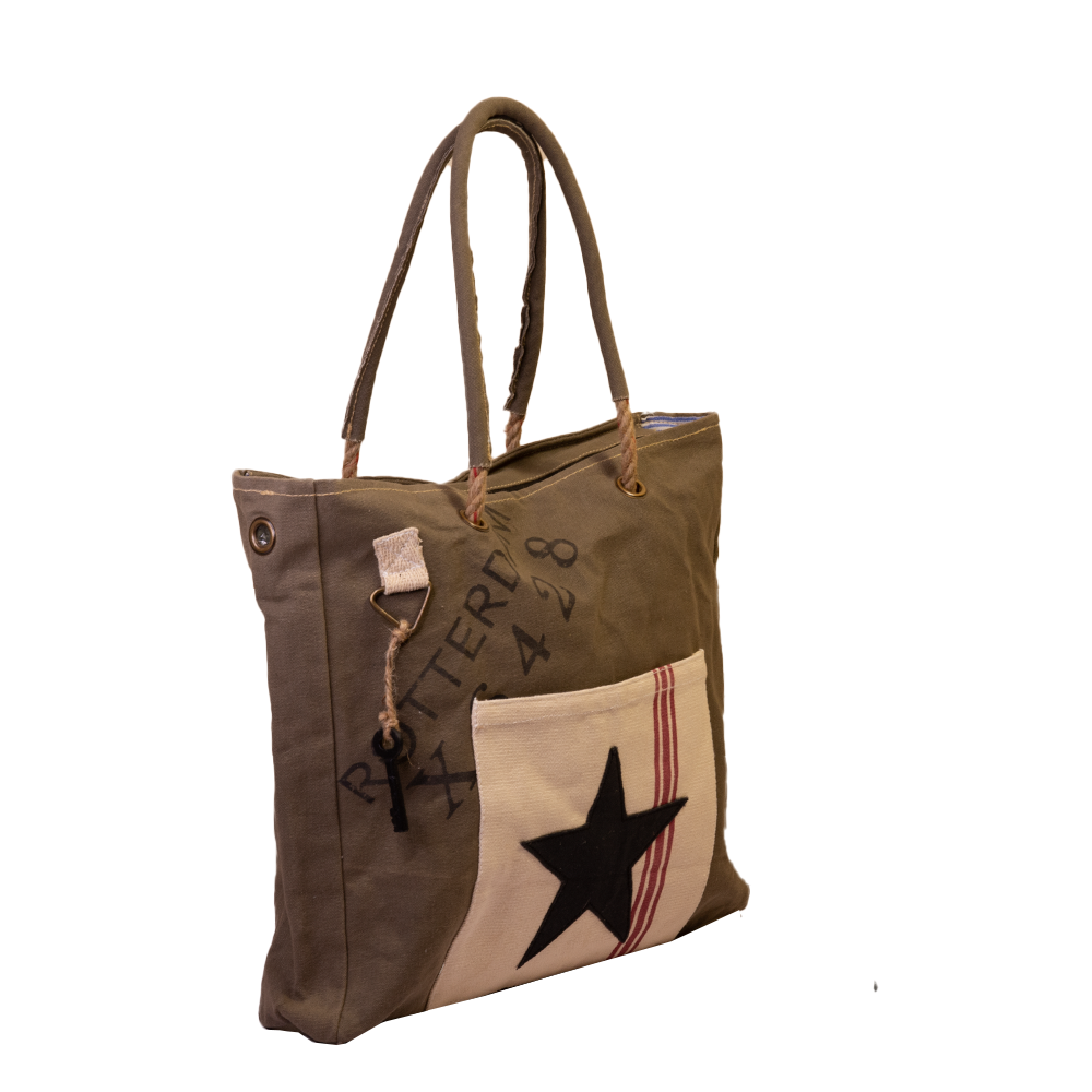 Khaki Black Star Canvas Shopper (590) - Pursenalities_uk