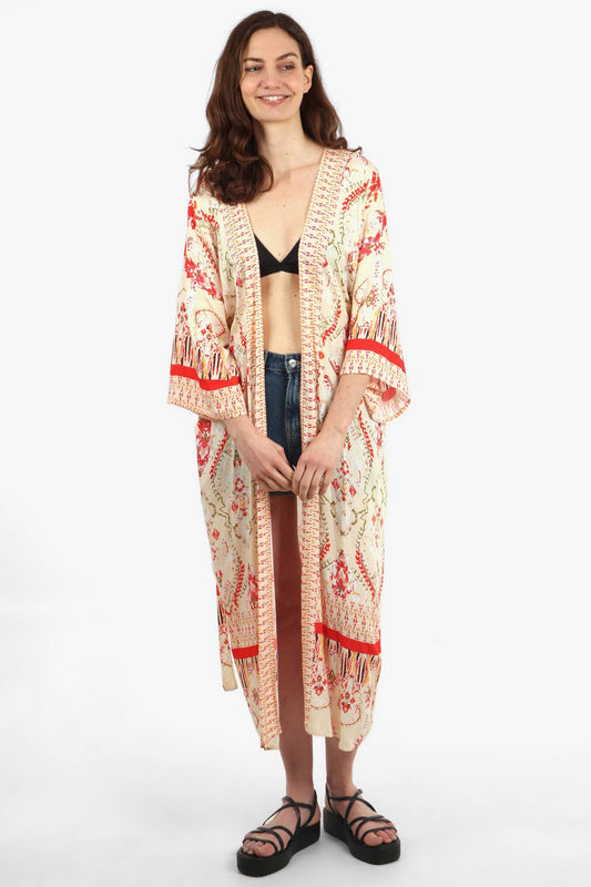 Mandala Print Long Kimono Robe with Detailed Border in Pink - Pursenalities_uk