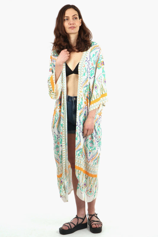 Mandala Print Long Kimono Robe in Green - Pursenalities_uk