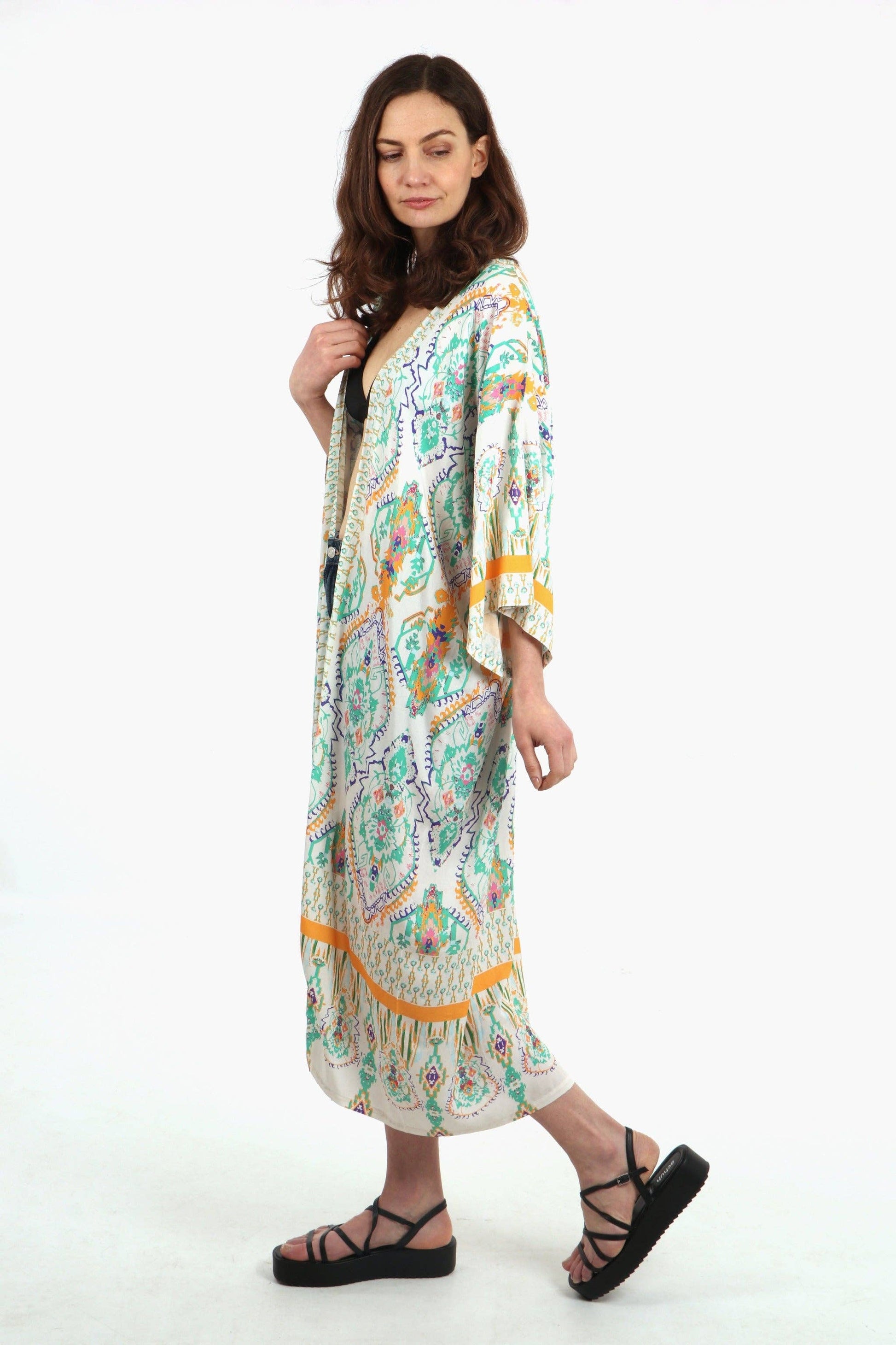 Mandala Print Long Kimono Robe in Green - Pursenalities_uk