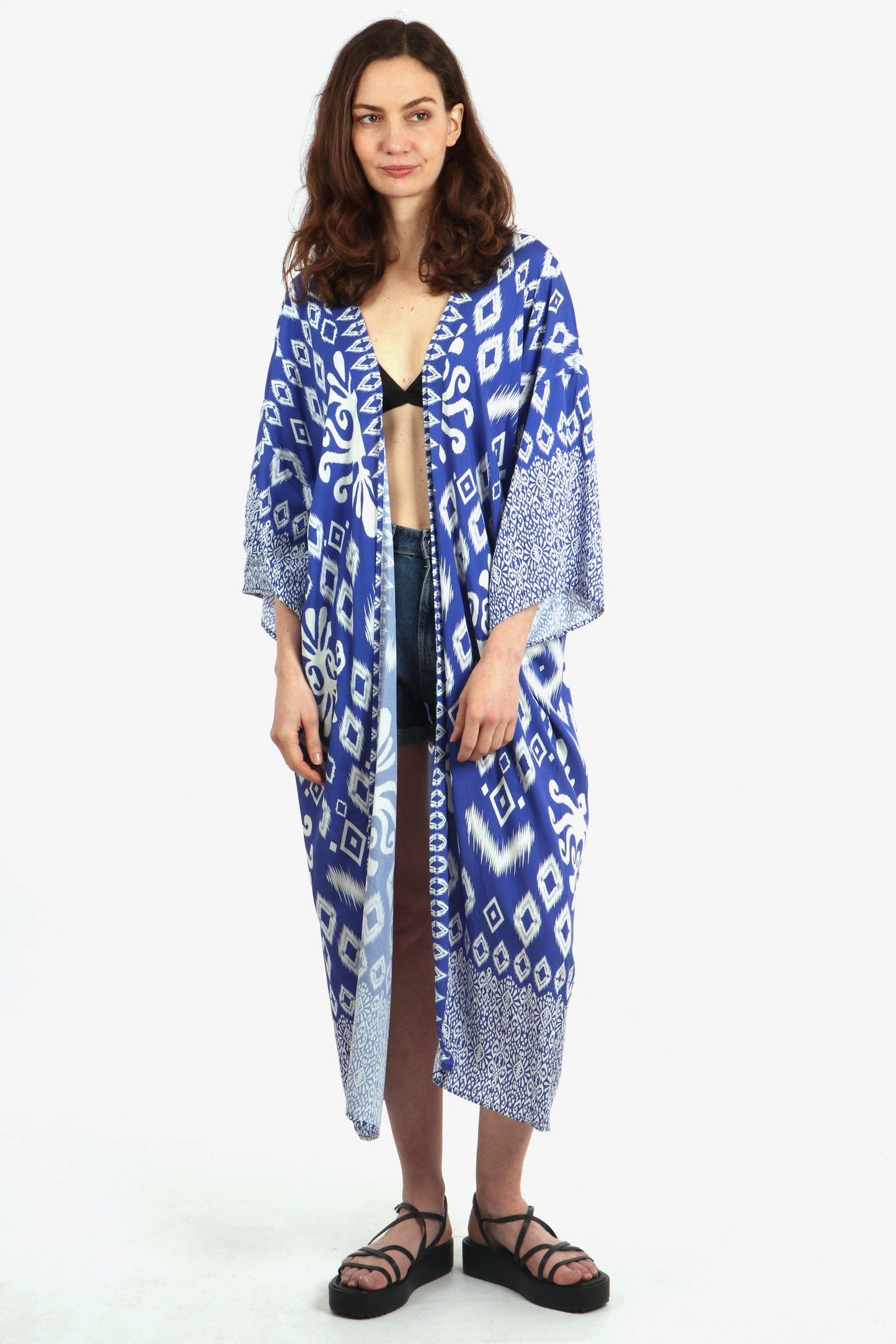 Ikat Print Long Kimono Robe with Waist Belt in Blue - Pursenalities_uk