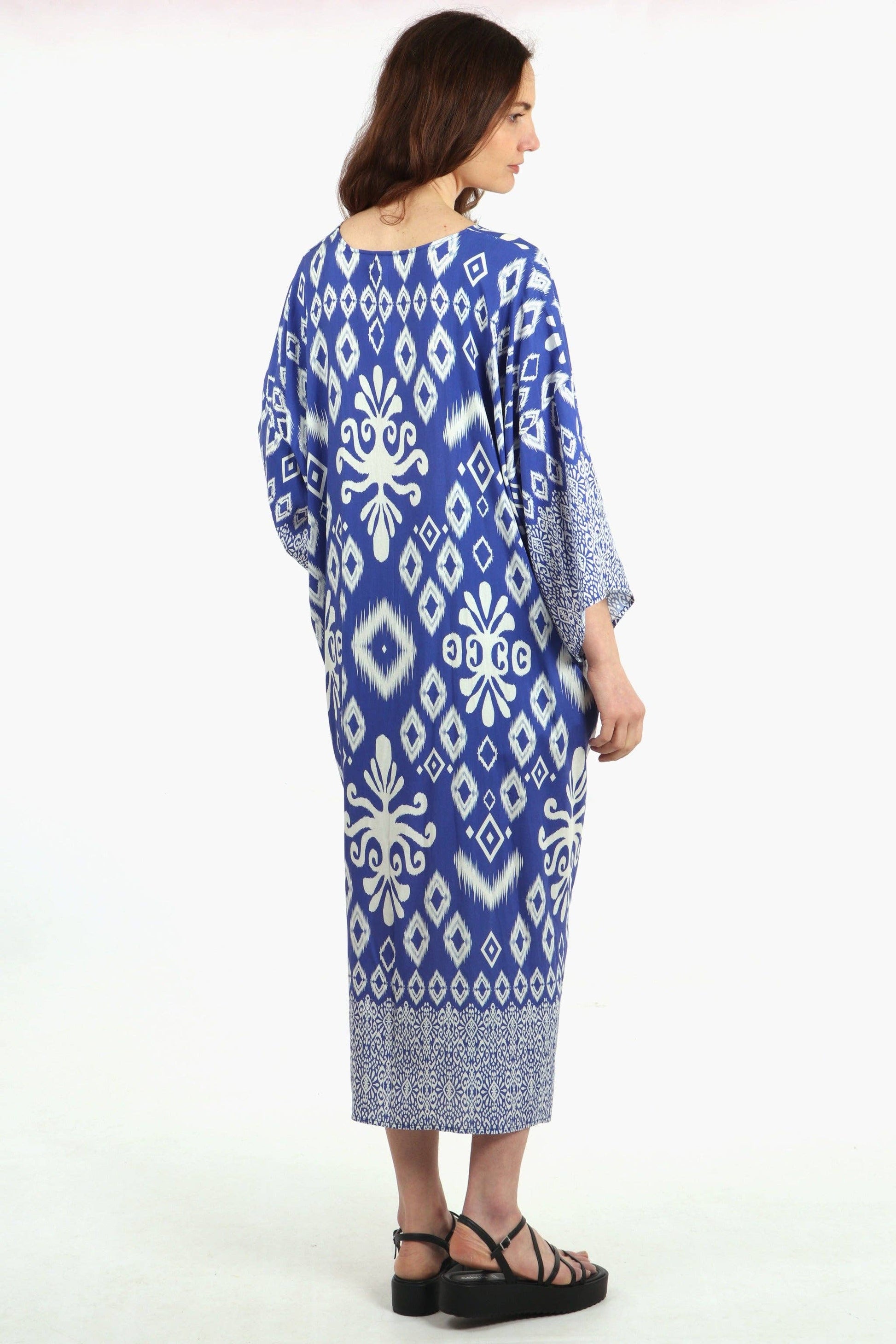 Ikat Print Long Kimono Robe with Waist Belt in Blue - Pursenalities_uk