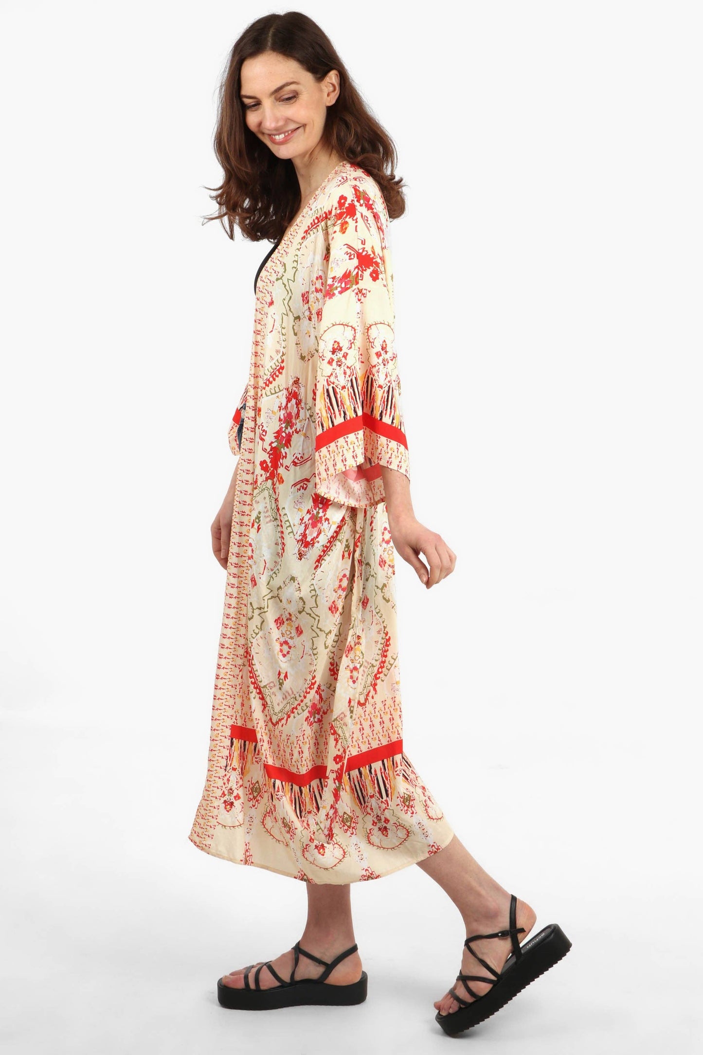 Mandala Print Long Kimono Robe with Detailed Border in Pink - Pursenalities_uk