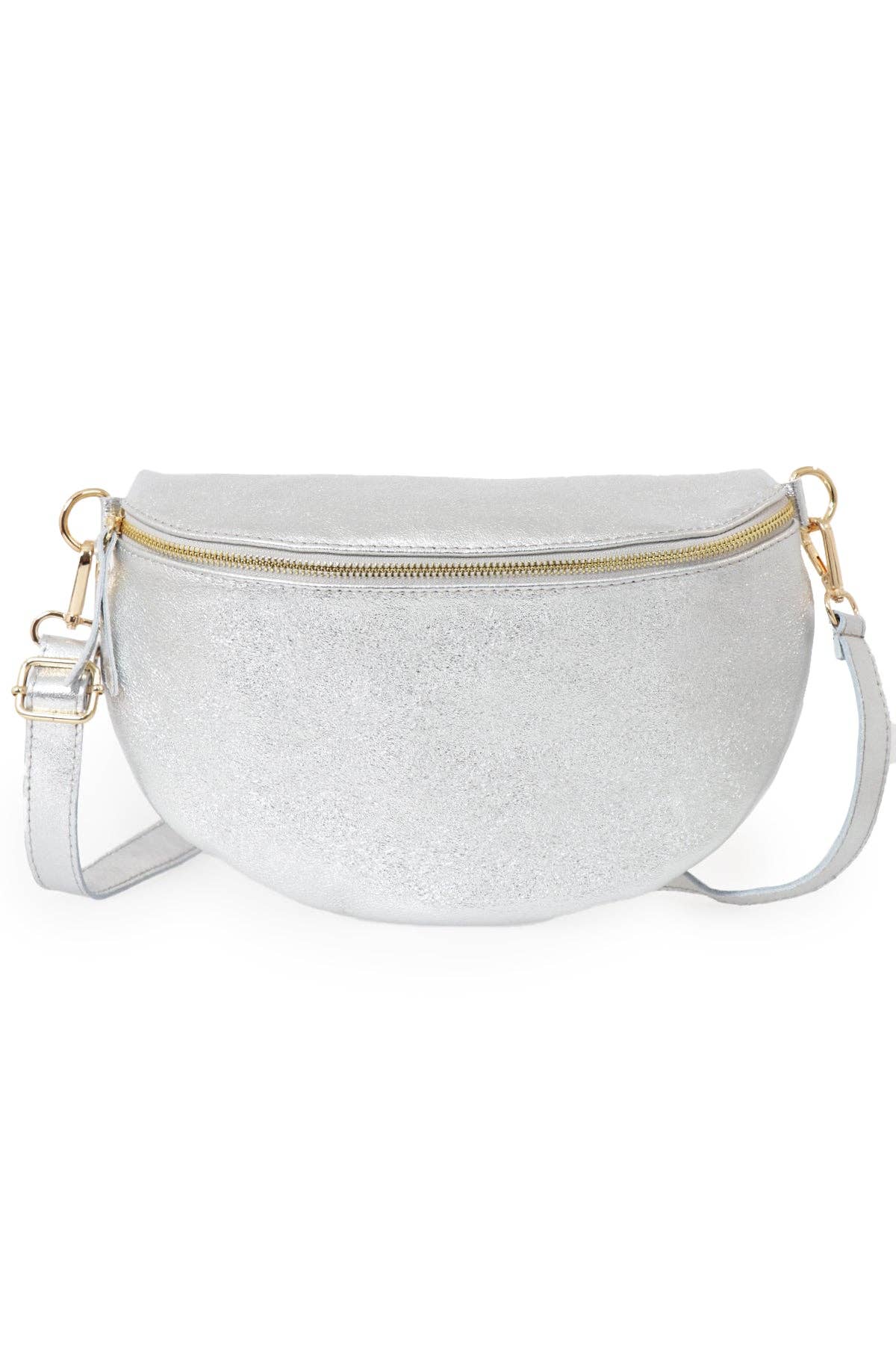 Silver Large Italian Leather Half Moon Crossbody Bag - Pursenalities_uk