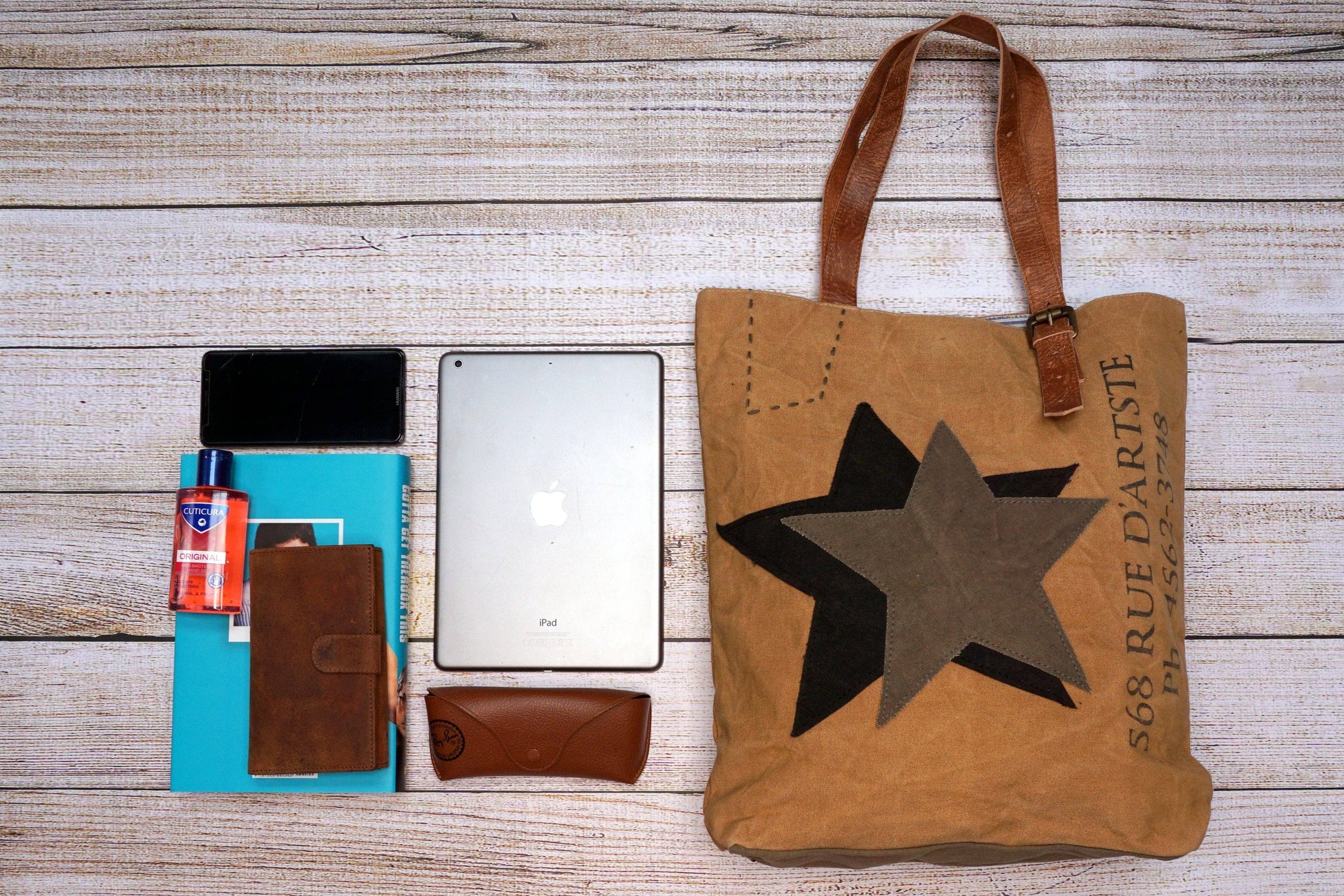 Tan 'Stars' Upcycled Canvas Tote (010) - Pursenalities_uk