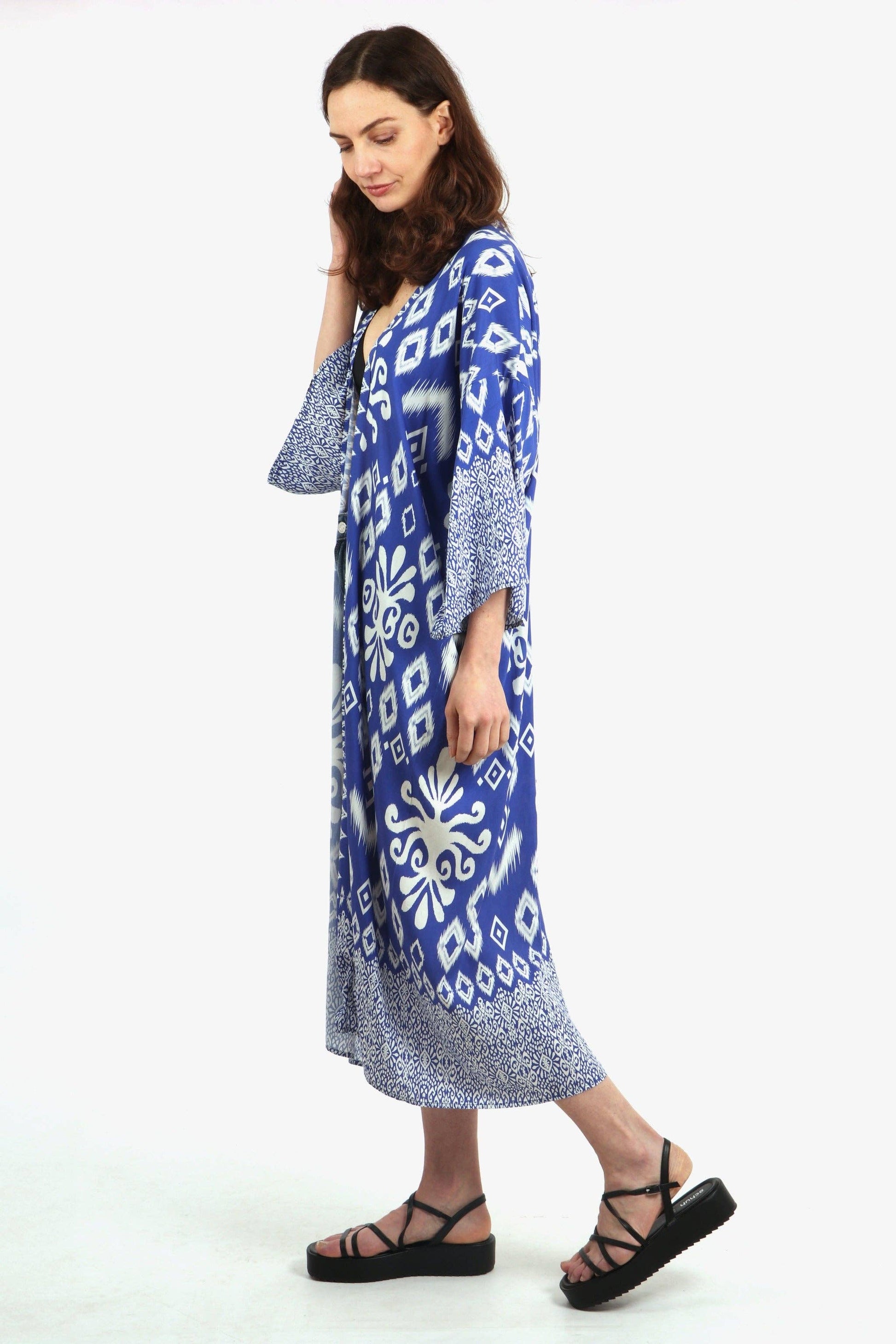 Ikat Print Long Kimono Robe with Waist Belt in Blue - Pursenalities_uk