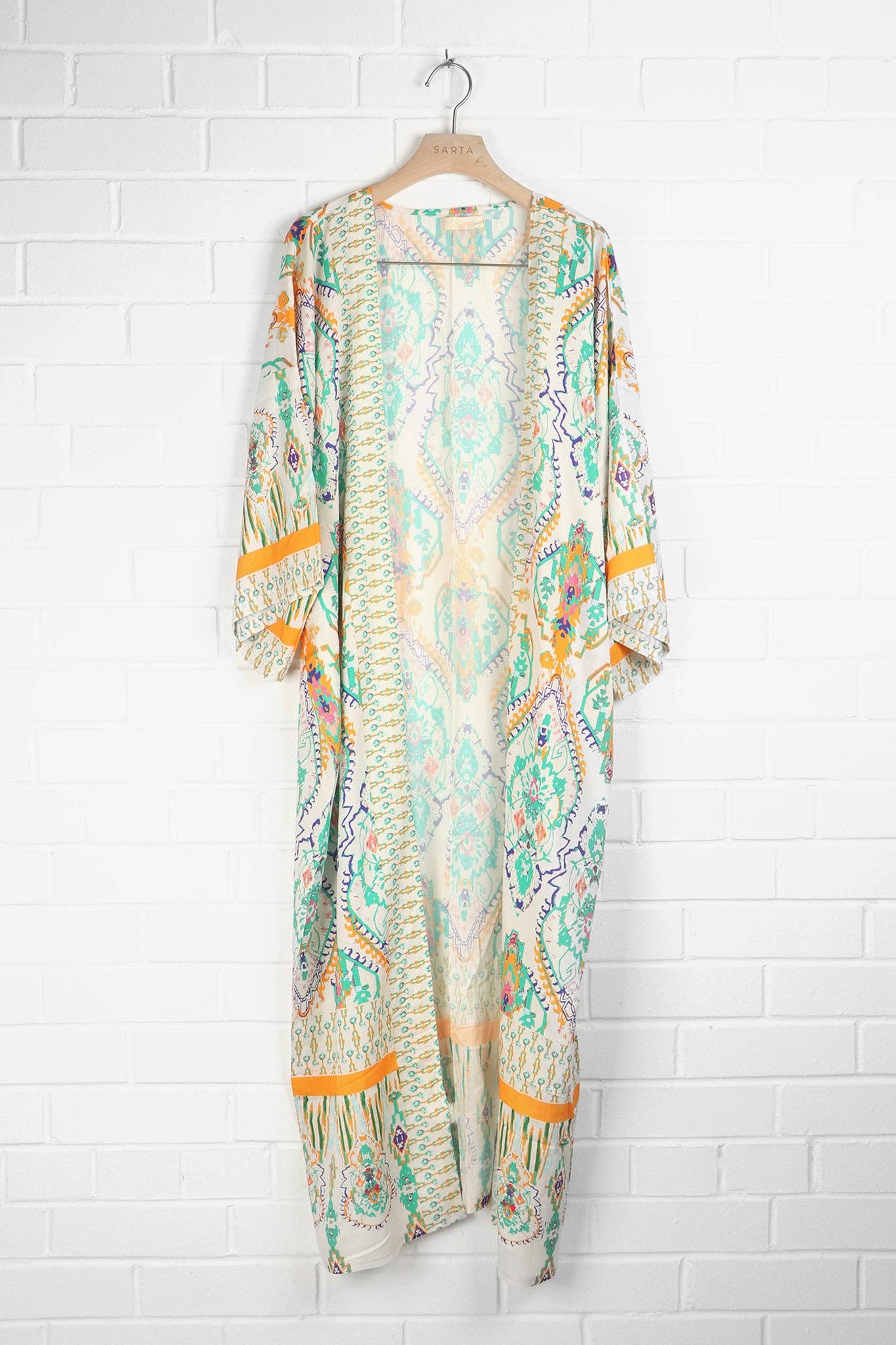 Mandala Print Long Kimono Robe in Green - Pursenalities_uk